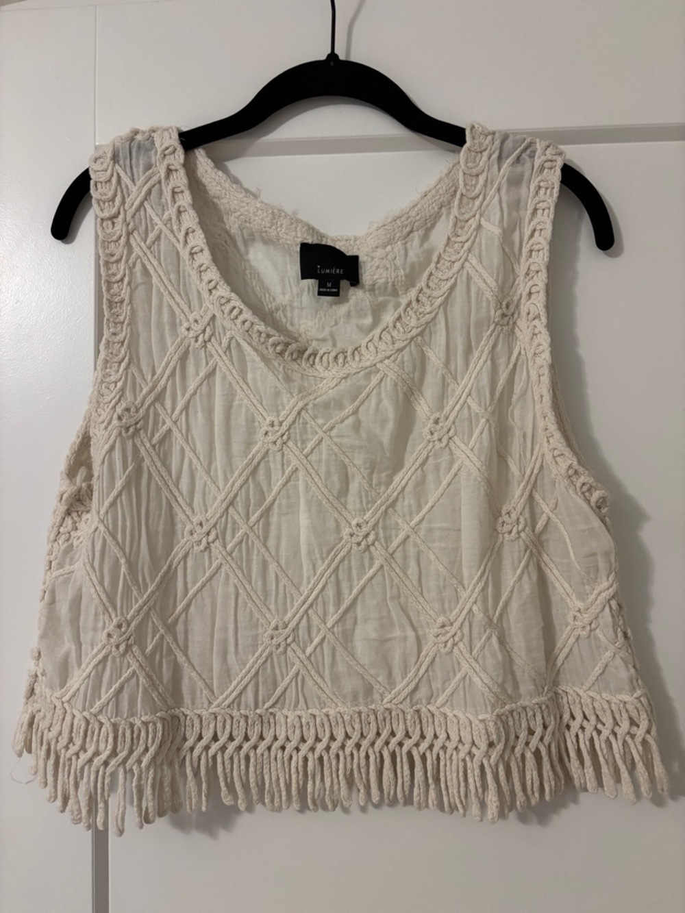 Lumiere Cream Macramé Cropped Fringe Tank
